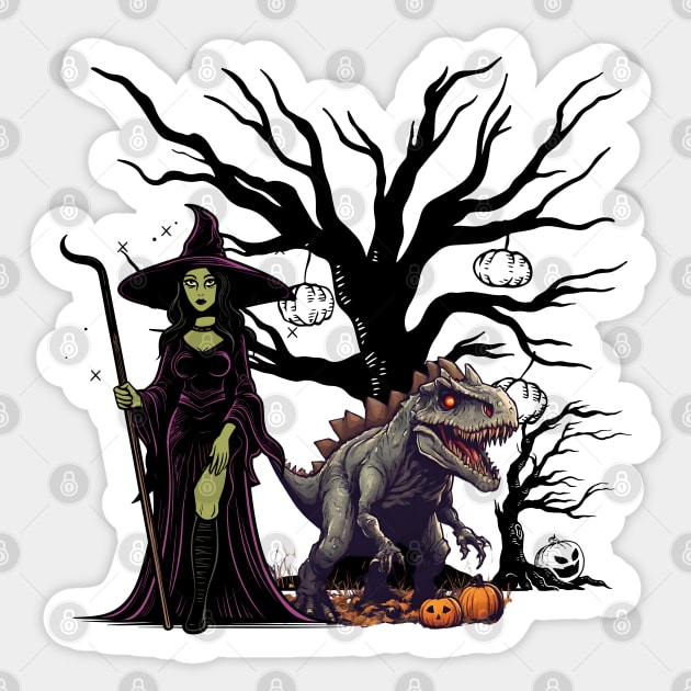 Scary dinasour with witch and pumpkin art for halloween season Sticker by IN VOGUE By-Siya